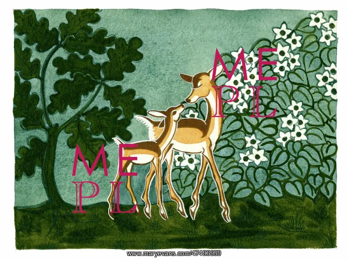 : Doe and fawn with oak tree and bush : Doe and fawn with oak tree and bush