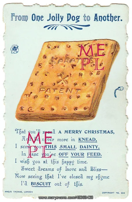  : Dog biscuit with comic verse on a Christmas card