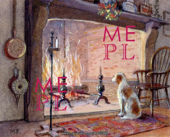 : Dog at Fireside ? with log fire : Dog at Fireside ? with log fire