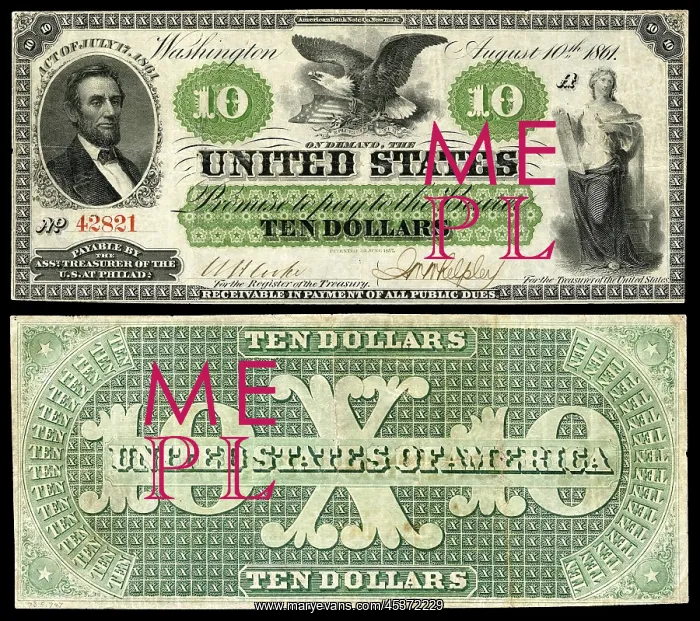 : Ten Dollar Greenback, with engraving of President : Ten Dollar Greenback, with engraving of President