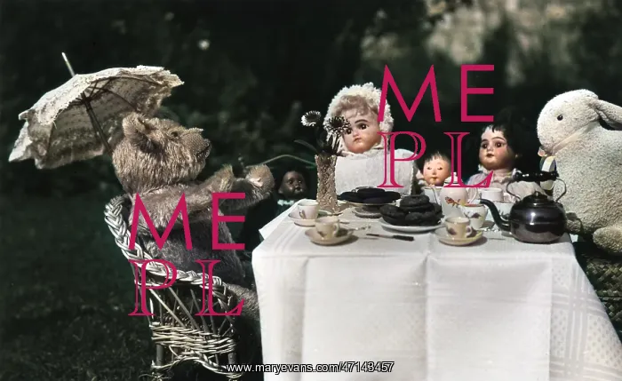 : Dolls, teddy and rabbit enjoying a tea party : Dolls, teddy and rabbit enjoying a tea party