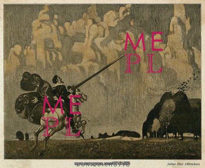 : Don Quixote on horseback with his lance : Don Quixote on horseback with his lance