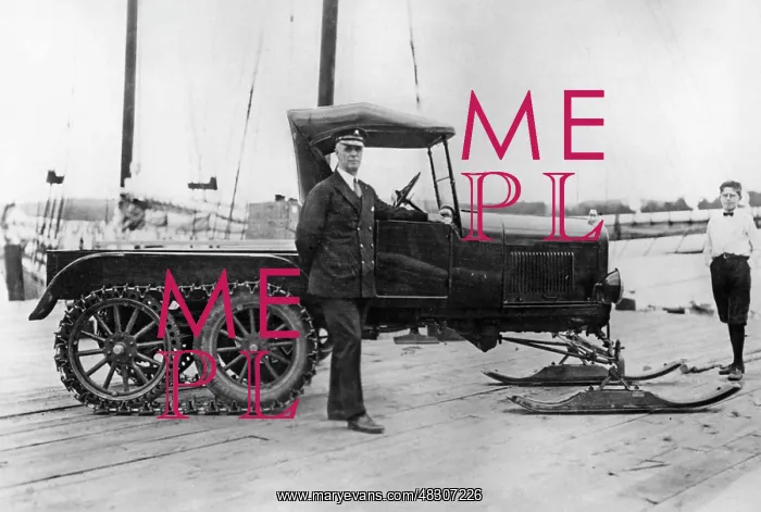 : Donald Baxter MacMillan next to his tracked vehicle, 1927 : Donald Baxter MacMillan next to his tracked vehicle, 1927