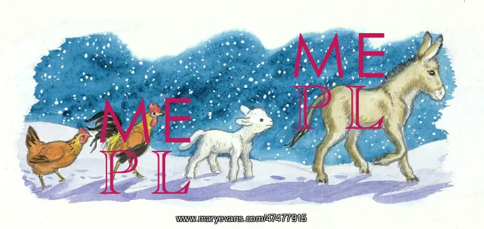 : donkey, lamb, cock and hen in the snow : donkey, lamb, cock and hen in the snow