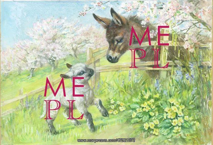  : Donkey looking over a fence at a lamb
