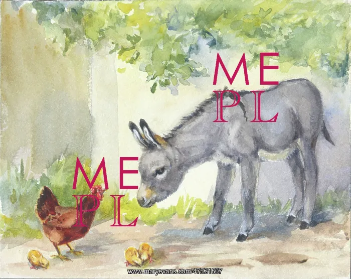  : Donkey looking at a hen and three chicks