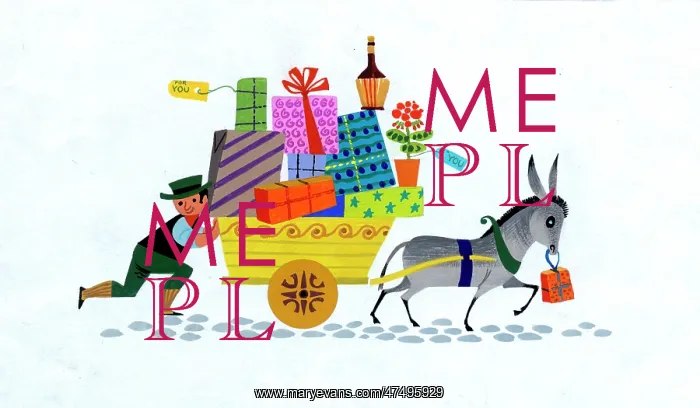: Donkey pulling cart laden with presents : Donkey pulling cart laden with presents