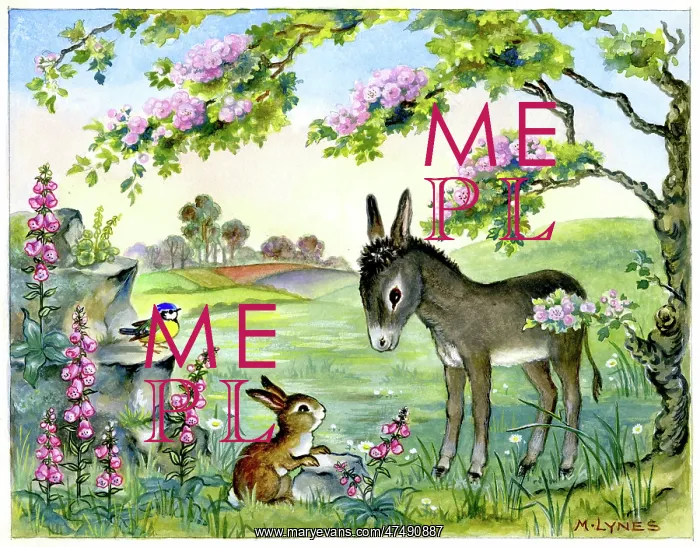 : Donkey, rabbit and blue tit under a may tree : Donkey, rabbit and blue tit under a may tree