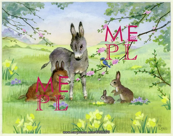 : Donkeys and rabbits in spring landscape : Donkeys and rabbits in spring landscape
