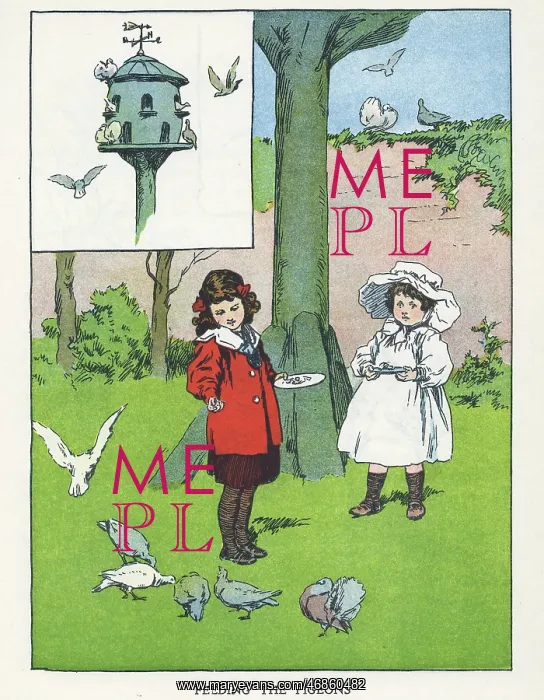 : Out of Doors -- two children feeding pigeons : Out of Doors -- two children feeding pigeons