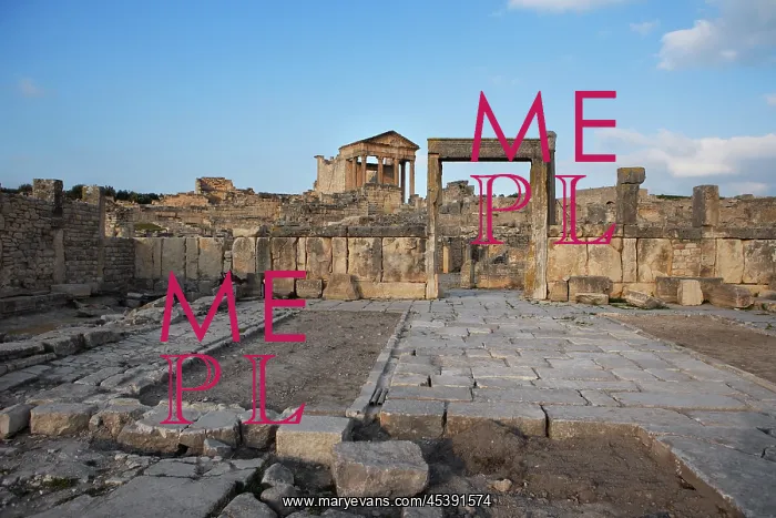 : Dougga. Low angle view from the Dar el Acheb, 2nd century : Dougga. Low angle view from the Dar el Acheb, 2nd century