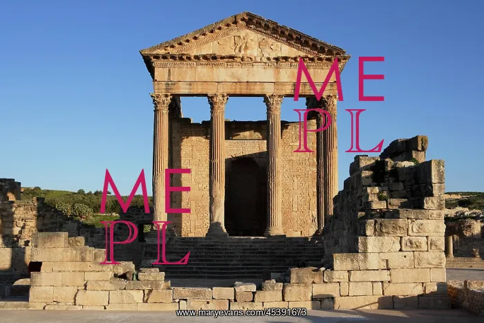  : Dougga. Low angle view of the front of the Roman Capitol
