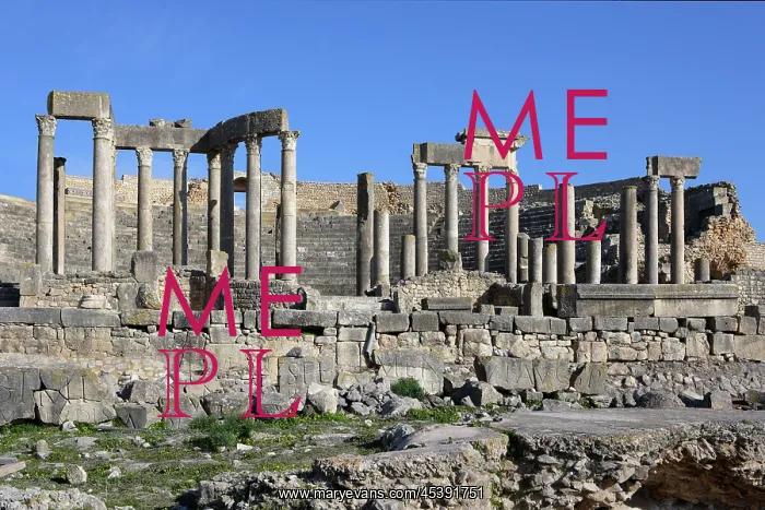 : Dougga. Low angle view of the Roman theatre, 2nd century : Dougga. Low angle view of the Roman theatre, 2nd century