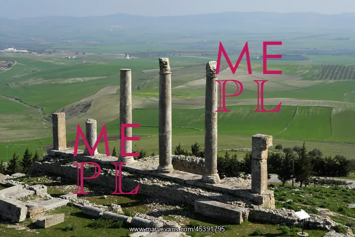 : Dougga. Oblique view of a row of columns from the Temple of Saturn, built around 200 A.D : Dougga. Oblique view of a row of columns from the Temple of Saturn, built around 200 A.D