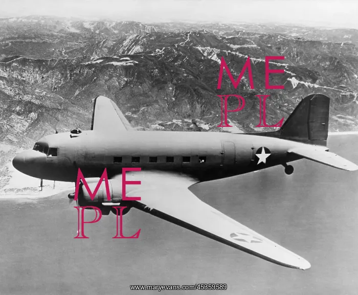 : Douglas C-47 Skytrain in flight. The transport was : Douglas C-47 Skytrain in flight. The transport was
