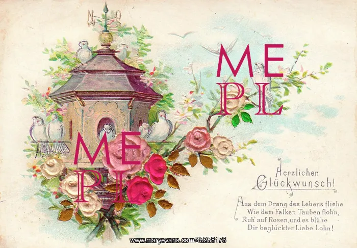 : Doves and flowers on a German greetings card : Doves and flowers on a German greetings card