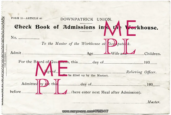 : Downpatrick Workhouse Admission Ticket : Downpatrick Workhouse Admission Ticket