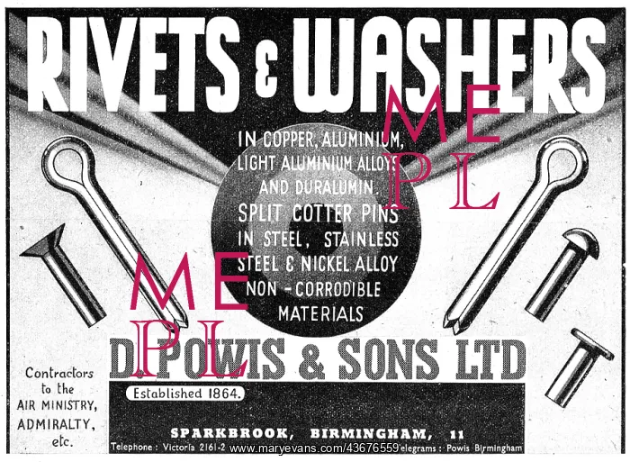 : D.Powis AGS Parts. Rivets& Washers 1943 Advert : D.Powis AGS Parts. Rivets& Washers 1943 Advert