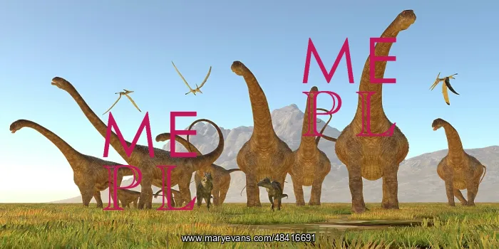 : Two Dracorex dinosaurs walk in front of a Malawisaurus herd : Two Dracorex dinosaurs walk in front of a Malawisaurus herd