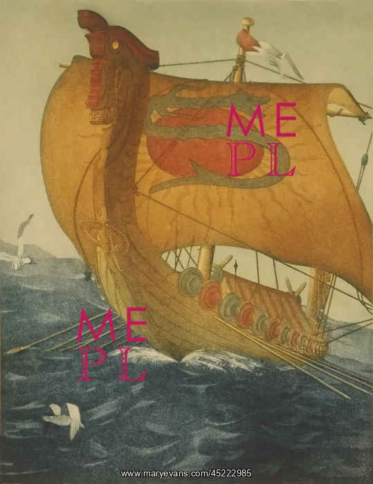 : THE DRAGON SHIP. Viking ship at sea. Etching ? : THE DRAGON SHIP. Viking ship at sea. Etching ?