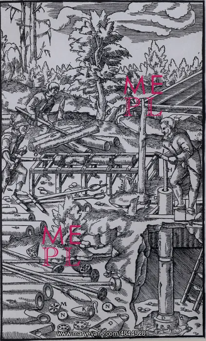 : Mine drainage. (Basle, 1556). Woodcut : Mine drainage. (Basle, 1556). Woodcut