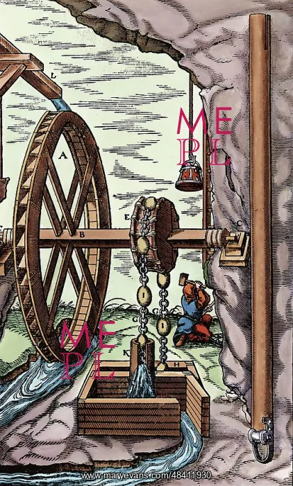: Mine being drained by a rag-and-chain pump powered : Mine being drained by a rag-and-chain pump powered