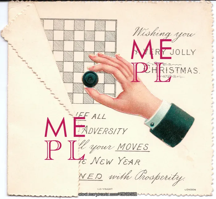 : Draughts board with comic verse on a Christmas card : Draughts board with comic verse on a Christmas card