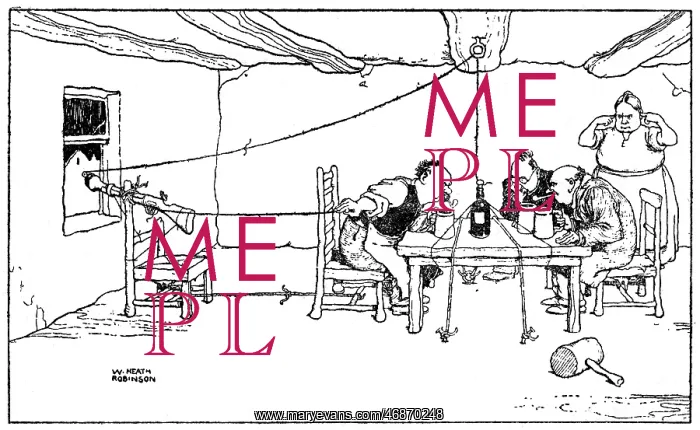 : Drawing the cork, illustration by William Heath Robinson : Drawing the cork, illustration by William Heath Robinson