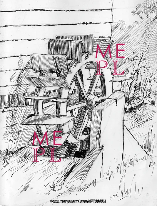 : Drawing by Harold Auerbach, waterwheel and stream : Drawing by Harold Auerbach, waterwheel and stream
