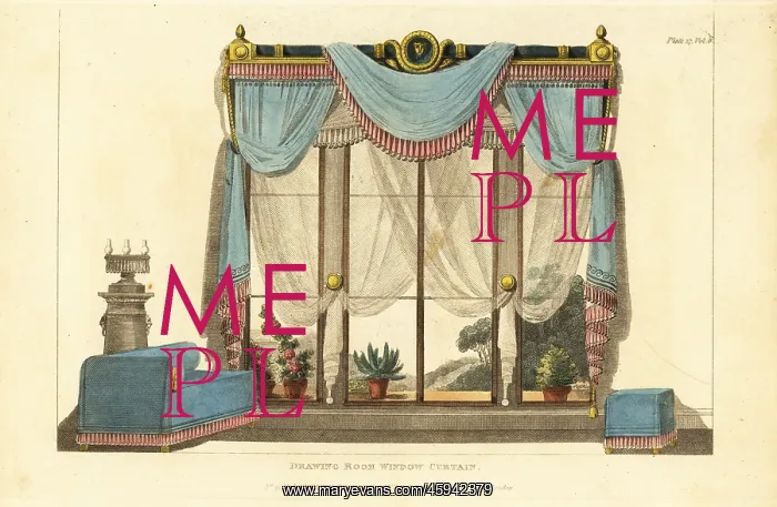 : Drawing room window curtain, Grecian sofa and stool, 1812 : Drawing room window curtain, Grecian sofa and stool, 1812
