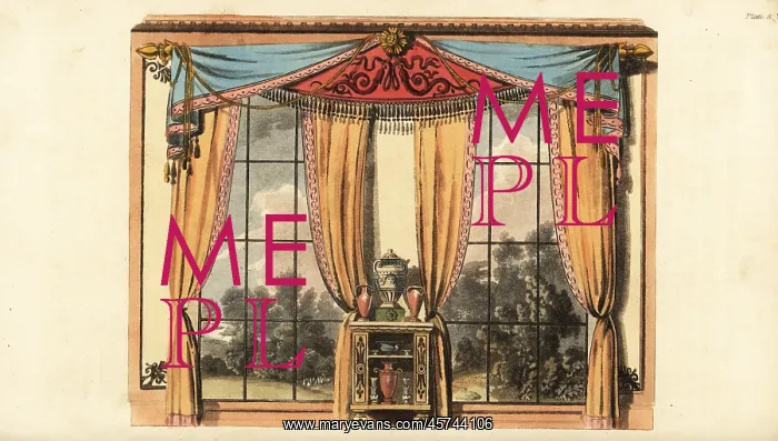 : Drawing-room window curtains and cabinet with : Drawing-room window curtains and cabinet with