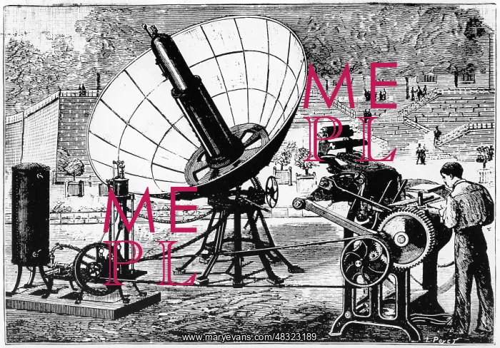 : Drawing of a solar-powered printing press, 19th century : Drawing of a solar-powered printing press, 19th century