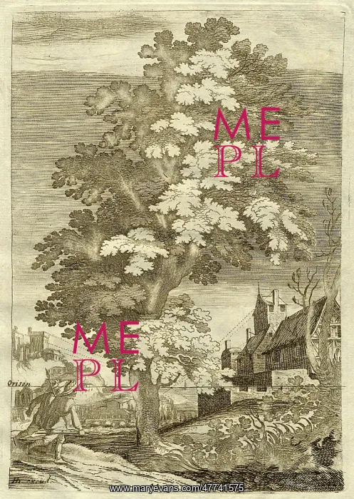 : Drawing of tree and two men with buildings on hills : Drawing of tree and two men with buildings on hills