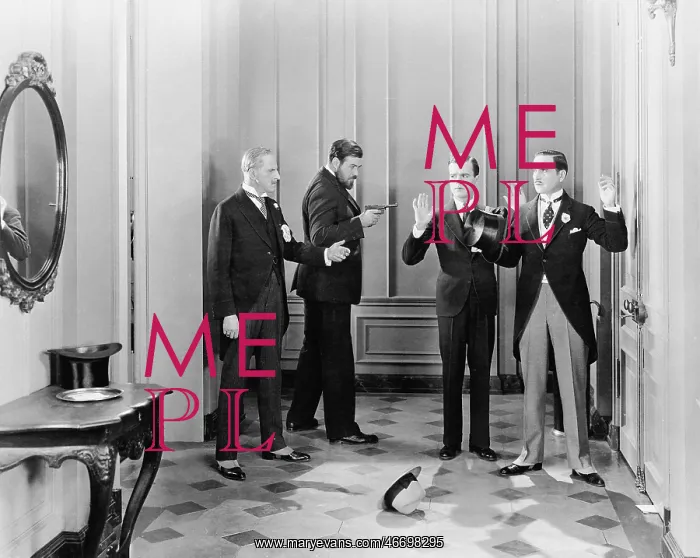 : Well dressed men being held up with guns by two other men : Well dressed men being held up with guns by two other men