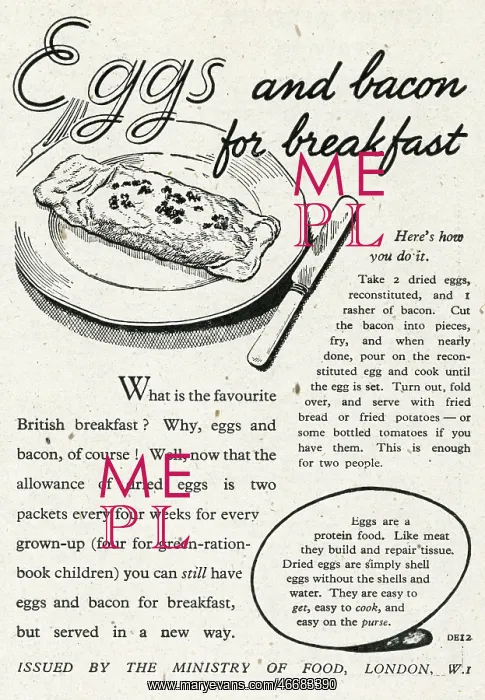 : Dried eggs and bacon for breakfast 1945 : Dried eggs and bacon for breakfast 1945