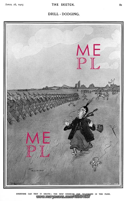 : Drill-dodging: The new exercise, H.M. Bateman cartoon, WW1 : Drill-dodging: The new exercise, H.M. Bateman cartoon, WW1