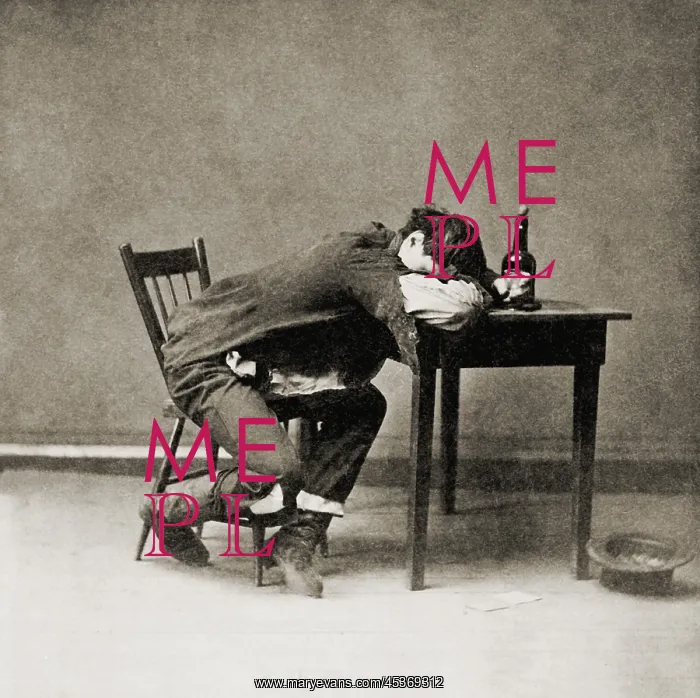 : Drunk man with his head on table, 1874. He : Drunk man with his head on table, 1874. He