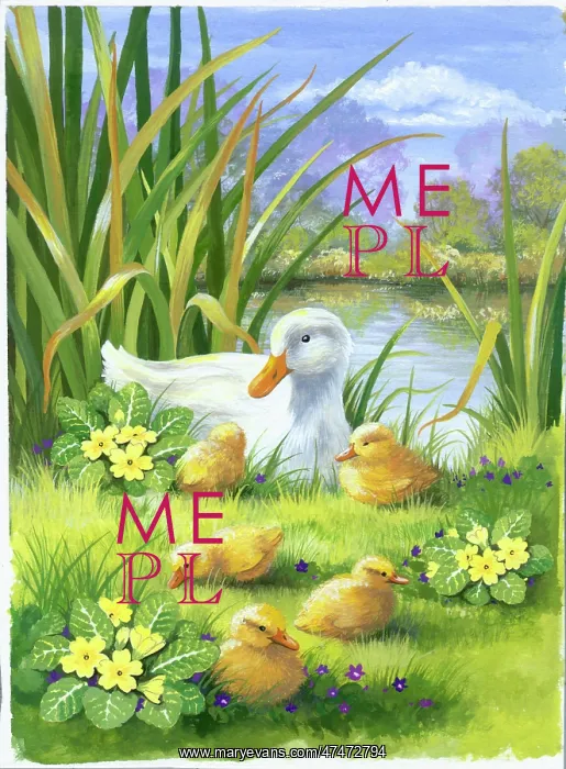  : Duck and ducklings with flowers