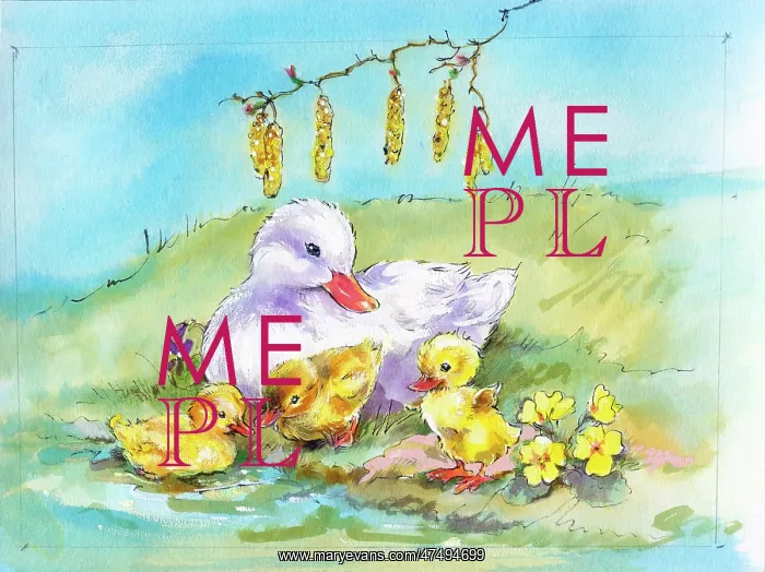 : Duck with three ducklings in spring setting : Duck with three ducklings in spring setting