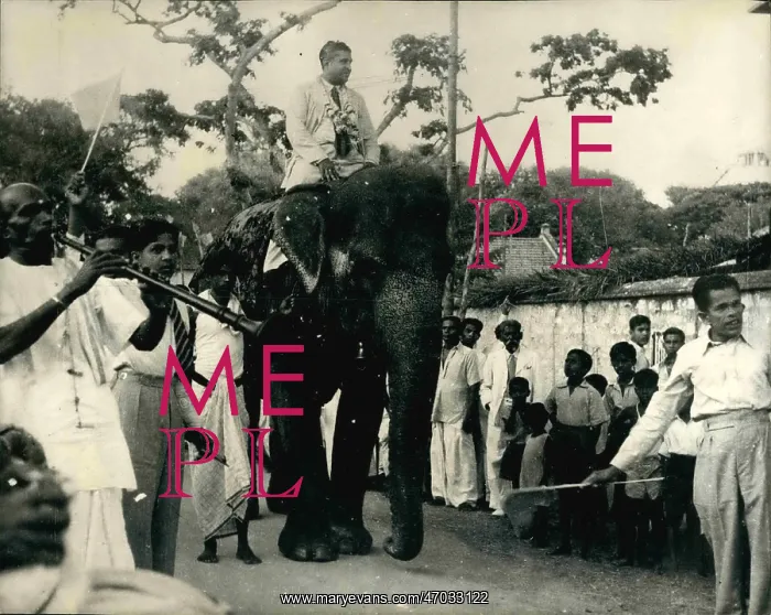 : Dudley Senanayake riding an elephant, Ceylon (Sri Lanka) : Dudley Senanayake riding an elephant, Ceylon (Sri Lanka)