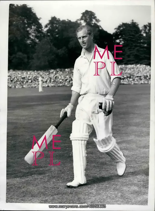 : Duke of Edinburgh playing cricket, walking out to bat : Duke of Edinburgh playing cricket, walking out to bat