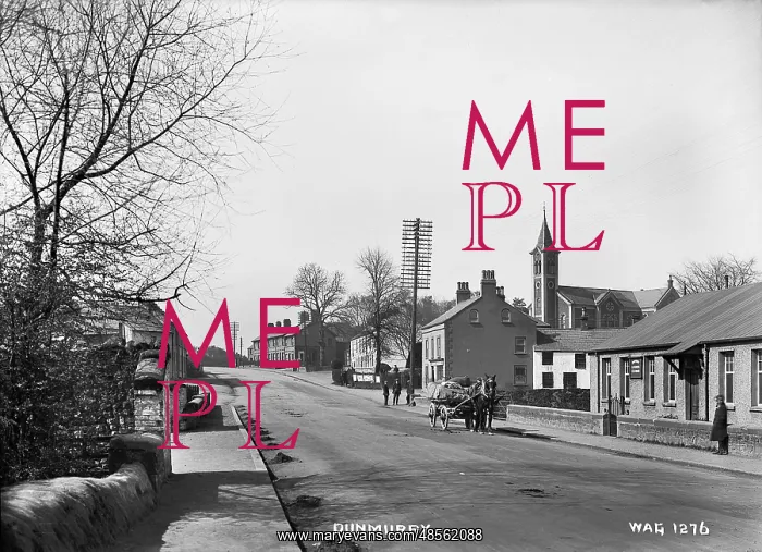 : Dunmurry - a view of the main street with people and horse vehicle : Dunmurry - a view of the main street with people and horse vehicle