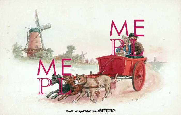  : Dutch children - two in dogcart with windmill