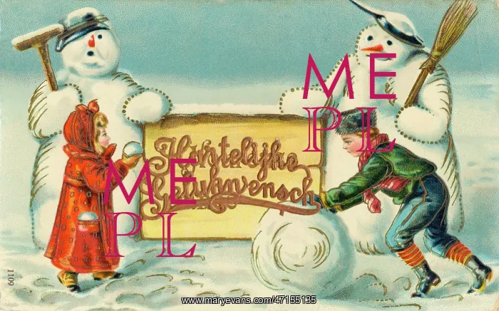: Two Dutch children with two snowmen : Two Dutch children with two snowmen
