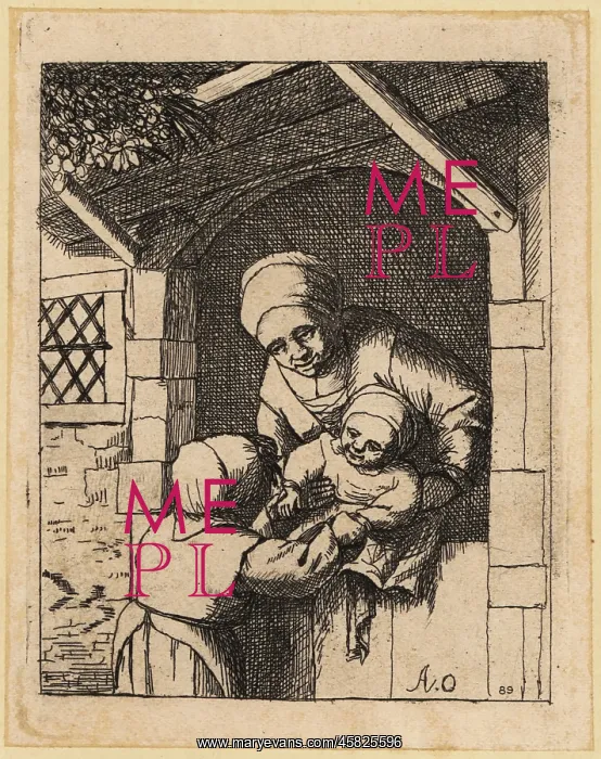 : Dutch mother and small children at house gate, 17th century : Dutch mother and small children at house gate, 17th century