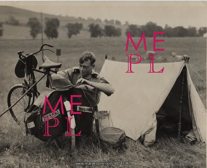 : Dutch rover scout with bicycle and tent : Dutch rover scout with bicycle and tent
