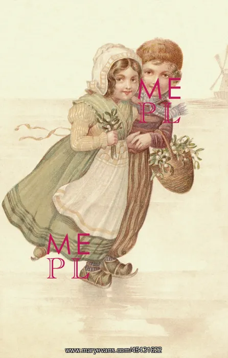 : Dutch skaters with basketful of mistletoe : Dutch skaters with basketful of mistletoe