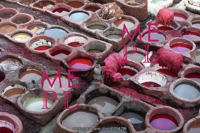 : Fez. Detail of dye pits, Chouara tannery Fez, Morocco : Fez. Detail of dye pits, Chouara tannery Fez, Morocco