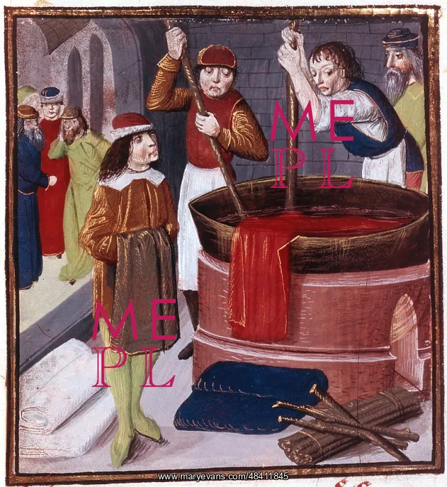 : Dyers immersing bolt of cloth in vat of dye placed : Dyers immersing bolt of cloth in vat of dye placed