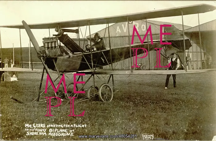 : A E Geere in his Avro Type D at Shoreham Aerodrome : A E Geere in his Avro Type D at Shoreham Aerodrome
